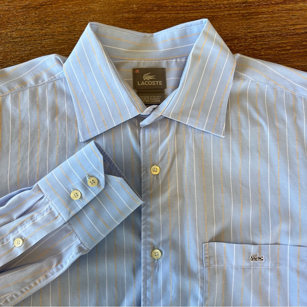 Lacoste Men’s Button Down Long Sleeve Shirt Light Blue Gold Stripes Shirt 42/L